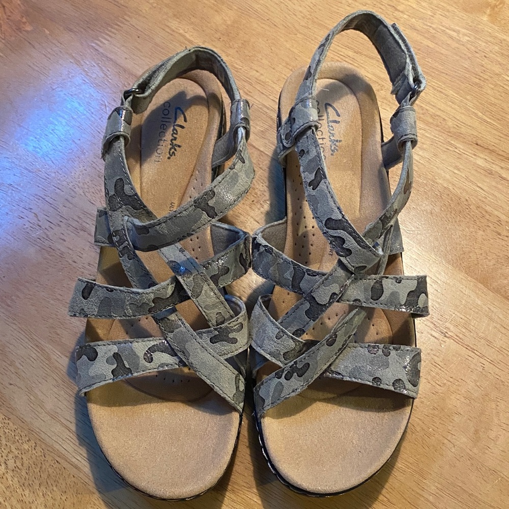 Clarks Gray Camouflage Strappy Sandals